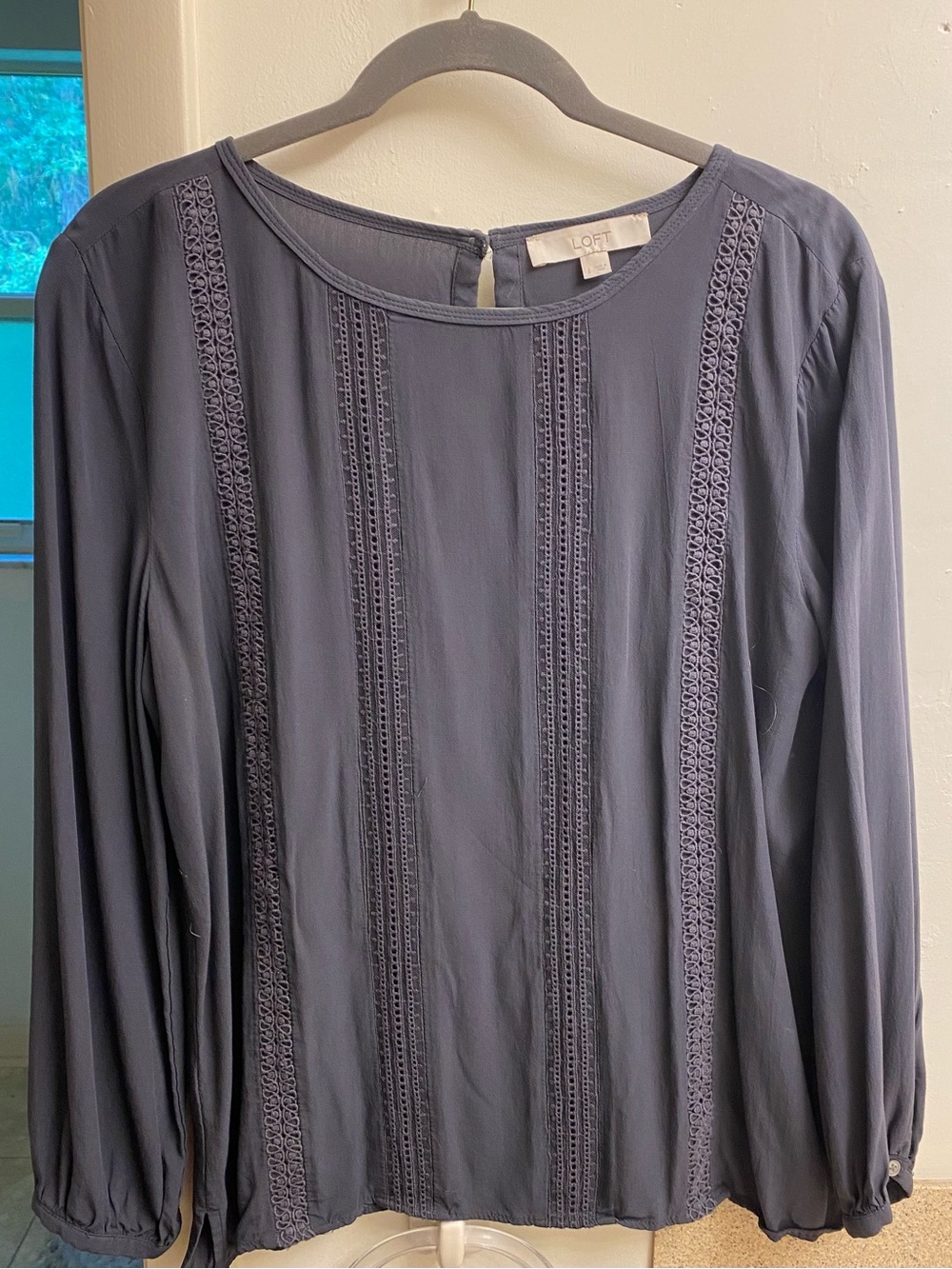 LOFT Navy Long Sleeve Blouse with Lace Panels